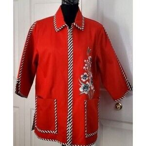 Bob Mackie Red Wearable Art Denim Mid Length Zip up Jacket Floral Embroidered S